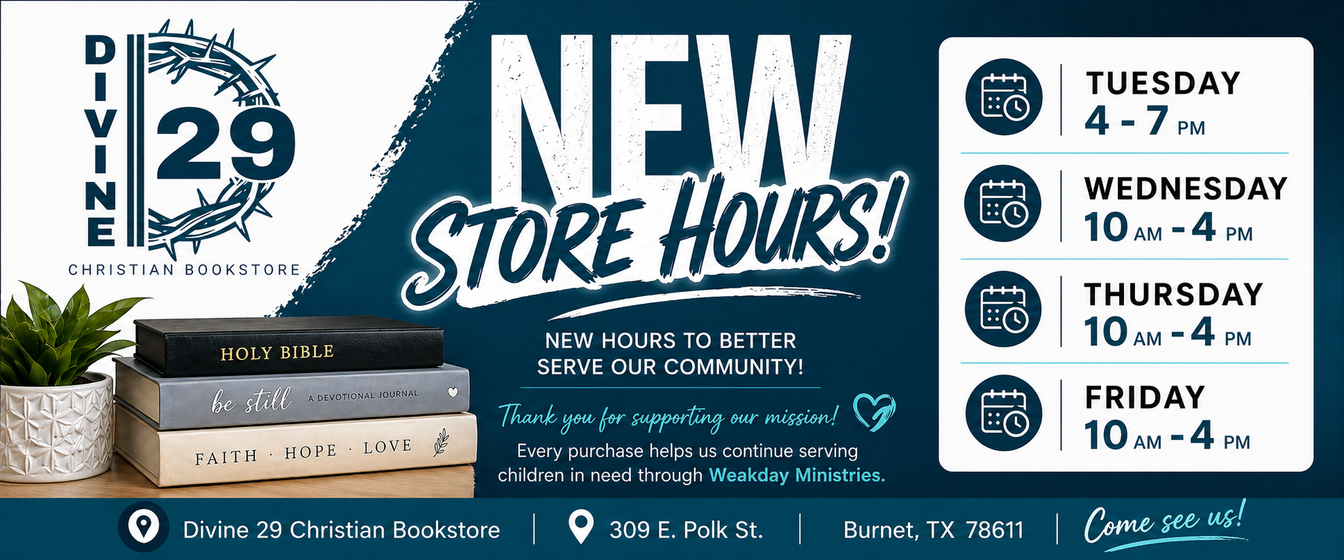 Divine 29 Christian Bookstore Burnet TX Regular Hours of Operation